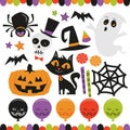 A vector illustration set of retro theme haunted halloween graphic set. Included in this set:- spider, skull, skeleton, bat, cat, Royalty Free Stock Photo