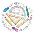 School supplies set. Vector illustration set of rulers, compasses, pencils, paper clips. Hand drawn office stationery paper clips,