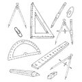 School supplies set. Vector illustration set of rulers, compasses, pencils, paper clips. Hand drawn office stationery paper clips,