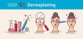 Vector Illustration set with salon dermaplaning. Infographics with icons of medical cosmetic procedures for facial skin. Horizonta