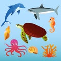 Vector illustration set of sea animals on light blue color background in flat cartoon style. Royalty Free Stock Photo