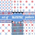 Vector illustration. Set of sea and nautical backgrounds in navy blue, red and white colors. Seamless pattern background Royalty Free Stock Photo