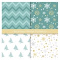 Vector illustration set of seamless Christmas patterns in blue and golden colors. Retro design, winter Christmas Royalty Free Stock Photo