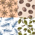 Vector Illustration set seamless pattern with hand drawn stars anise, nut meg, peppercorn, rosemary on cream color background.