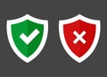 Vector illustration set shield with green tick and red cross. S Royalty Free Stock Photo