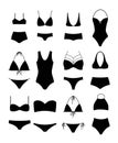 Vector illustration set of silhouettes of modern swimsuits and women s underwear on white background. Bikini set for Royalty Free Stock Photo