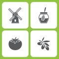 Vector Illustration Set Of Simple Farm and Garden Icons. Elements Mill, Honey, Tomato, Olives