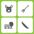 Vector Illustration Set Of Simple Farm and Garden Icons. Elements Pig head, garden tools, Farm house, two man saw