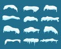 Vector illustration set of snow and ice vector frames. Winter snow caps, snowdrifts and icicles in cartoon flat style. Royalty Free Stock Photo