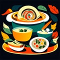 Vector illustration of a set of soups in a flat style. AI generated