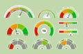 Vector illustration set of speedometers measuring icons. Indicators collection with different pointers in flat cartoon Royalty Free Stock Photo