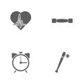 Vector illustration set sport icons. Elements bit and ball, alarm clock, lightweight dumbbells and palpitation icon