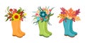 Vector illustration set spring wellies boots with blooming bouquet spring flowers, cotton. Spring symbol flat style.