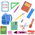 Vector illustration set of stationery school supplies and backpack Royalty Free Stock Photo