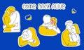 Set stickers with Ukrainian couple hugs and lettering - COME BACK ALIVE. Vector illustration in hand drawn one line art