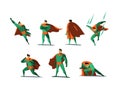 Vector illustration set of Superhero actions, different poses. Royalty Free Stock Photo