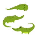 Vector illustration, set of three cute crocodiles in flat style. Adoraable animals for different designs, stickers, cards,