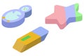 Vector illustration of a set three different, colored, volumetric erasers.