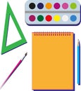 Vector illustration of pencil, triangle, brush, watercolor paints.