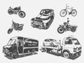 Vector illustration set of transport motorcycle, bicycle, car, tow truck, food truck.