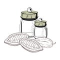 Vector illustration set of two empty closed glass containers with solid lids and cocoa pods. Black outline, graphic