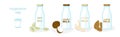 Vector illustration set of vegan milk, icons collection, bottles with vegetarian or plant based milk, soya, oatmeal and