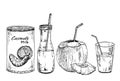 Vector illustration set of vegan milk, sketch. Bottles with vegetarian or plant based milk, bottle, jar and glass with
