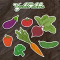 Vector illustration of set of vegetable stickers- beet, carrot, broccoli, cucumber, tomato, pepper and eggplant on wooden backdrop Royalty Free Stock Photo