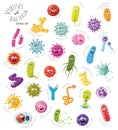 Vector illustration set of 30 viruses and bacteria characters in cartoon style isolated on white background