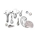 Vector illustration of set of water wave, drops and bubbles on white background. Black outline, graphic drawing in Royalty Free Stock Photo