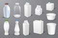 Set of white blank realistic dairy packaging including plastic bottles and carton packets isolated vector illustration