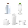 Set of white blank realistic dairy packaging including plastic bottles and carton packets isolated vector illustration