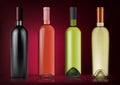 Vector illustration. Set of wine bottles in photorealistic style. Pink, white, red wines. A realistic objects on on dark