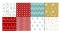 Vector illustration set of winter patterns. Collection of red and white, golden and blue seamless backgrounds with Royalty Free Stock Photo