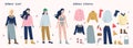 Vector illustration set of a woman and collection of winter warm clothing. Royalty Free Stock Photo