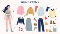 Vector illustration set of a woman and collection of winter warm clothing. Royalty Free Stock Photo