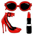 Vector illustration. Set of women accessories red lipstick, shoes, glasses isolated on white background. Vector Royalty Free Stock Photo