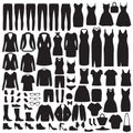 Women fashion clothes silhouette, dress, shirt, shoes, jeans, jacket collection Royalty Free Stock Photo