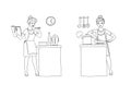 Vector illustration set of women preparing food in the kitchen. Character is holding a cookbook with recipes and