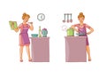 Vector illustration set of women preparing food in the kitchen. Character is holding a cookbook with recipes and