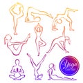 Vector illustration set of yoga poses in line silhouette style. Colorful Fitness Concept, healthy lifestyle. Royalty Free Stock Photo