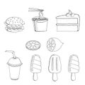 Vector illustration of Seth food. Ice cream, cake, Burger, instant noodles, lemonade, juice, fruit ice, lemon. On white background