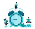 Vector illustration of setting alarm clock to wake up in morning. Scheduling and plan notification alerts. women and men workers. Royalty Free Stock Photo
