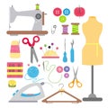 Vector illustration of sewing and needlework flat icons set isolated on white background in flat style with bright Royalty Free Stock Photo