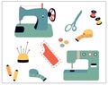 Vector illustration of sewing stuff - sewing machine, scissors, threads, needles, pins, measuring tape, buttons.
