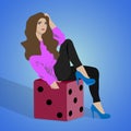 Vector illustration of a sexy girl s sitting on dice with grunge background.