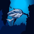 Vector illustration of shark on the depth the ocean