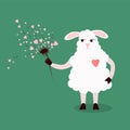 Vector illustration of a sheep with a dandelion in its hands from which seeds fly in the form of hearts.