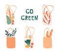 Vector illustration with shopper bags. Eco-friendly fabric bags filled with vegetables, baguette. Go green