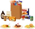 Vector illustration of a shopping paper bag with groceries and various dishes and ingredients Royalty Free Stock Photo